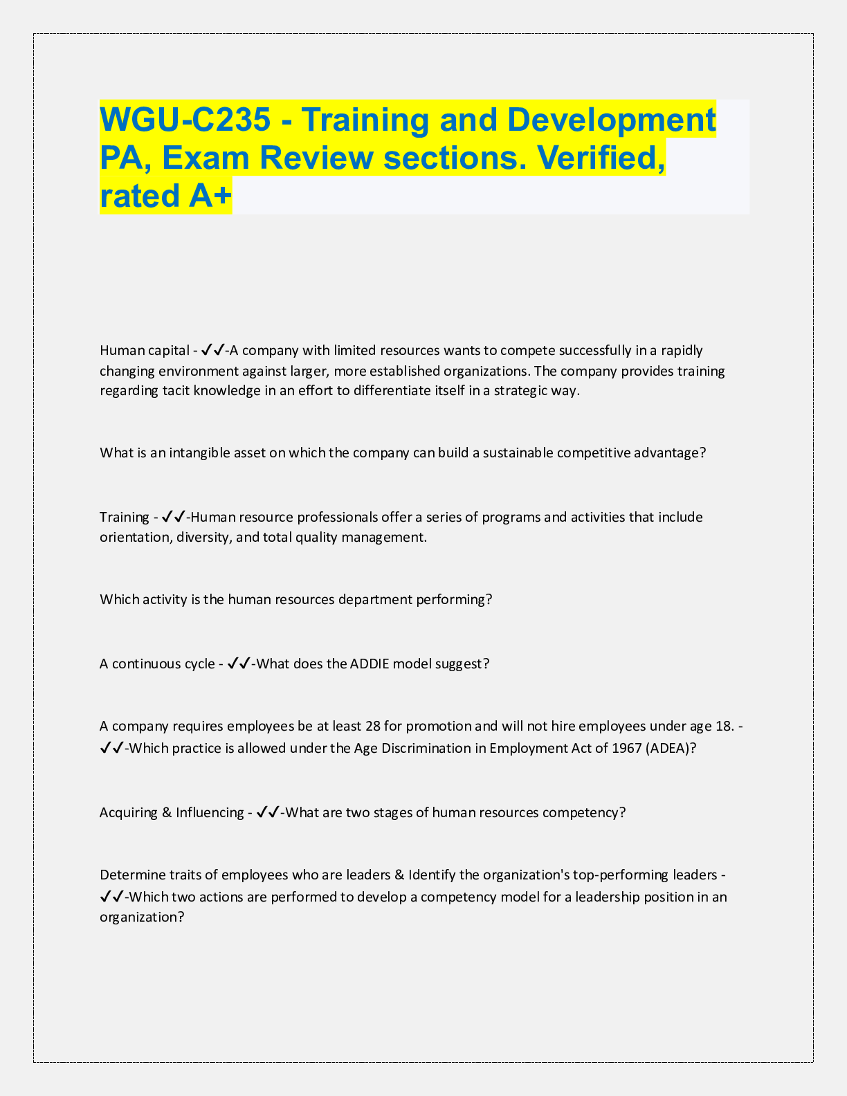 Preview of WGU-C235 - Training and Development  PA, Exam Review sections. Verified, rated A+